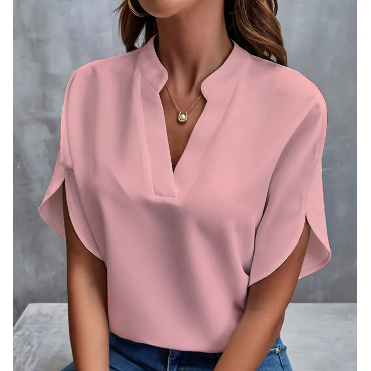 Relaxed V-Neck Half-Sleeve Blouse