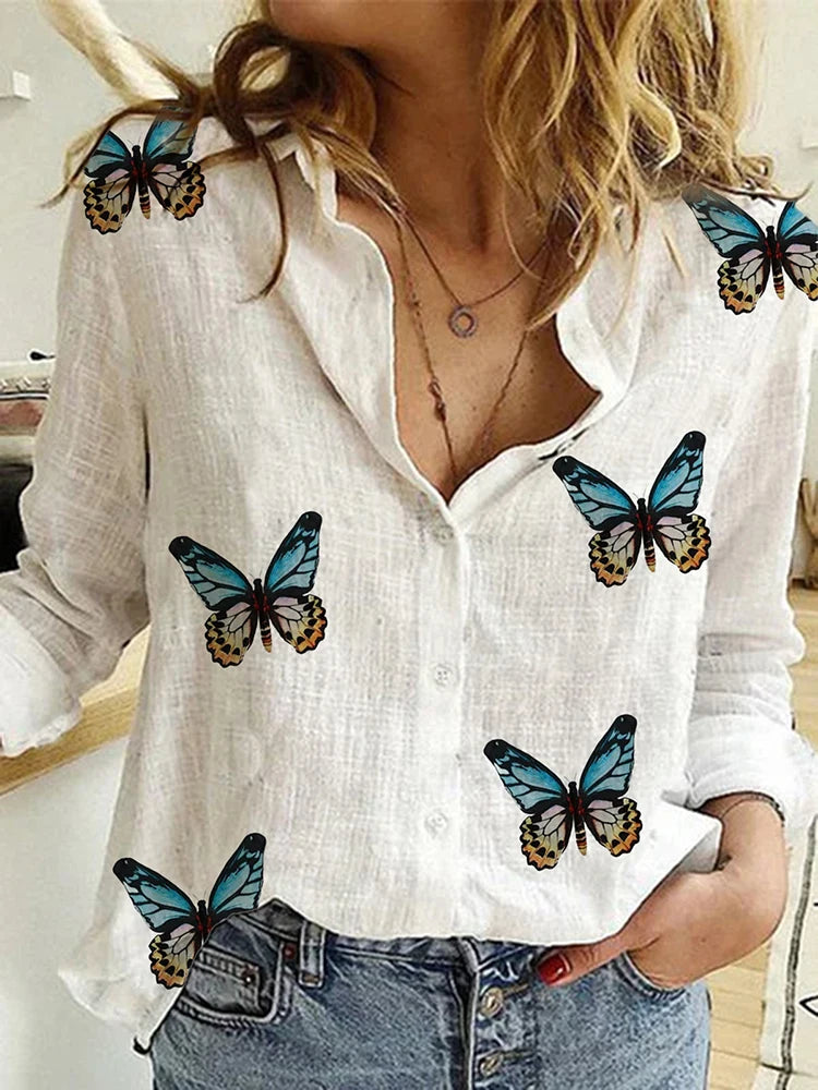 Cotton-Linen Button-Up Long-Sleeve Blouse