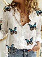 Cotton-Linen Button-Up Long-Sleeve Blouse