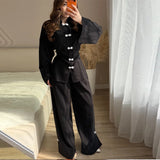 Mandarin Collar Shirt & Wide-Leg Pants Set