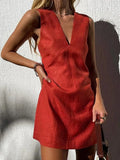 Linen-Look V-Neck Mini Dress