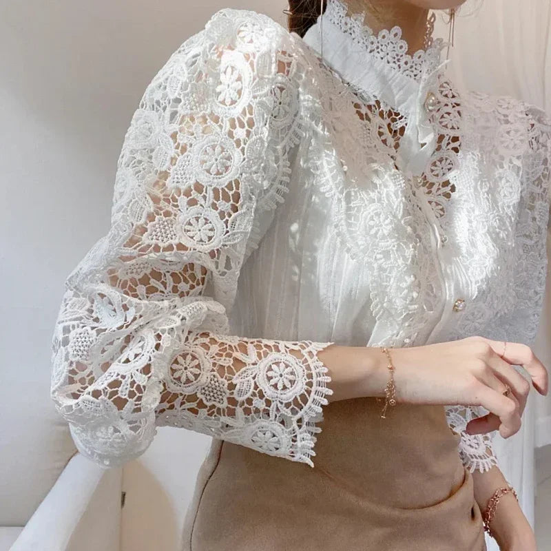 Lace High-Neck Long-Sleeve Blouse