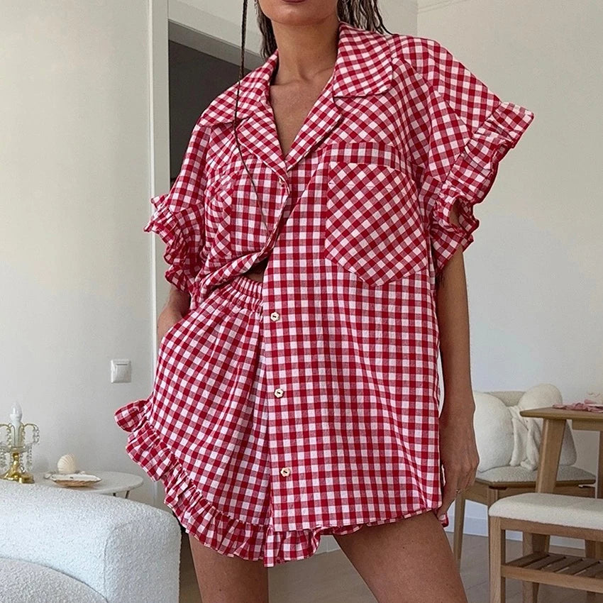 Plaid Shirt & High-Waist Shorts Set