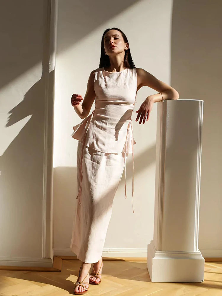 Lace-Up Linen Vest & Skirt Set