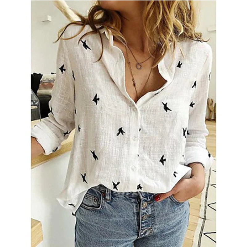 Cotton-Linen Button-Up Long-Sleeve Blouse