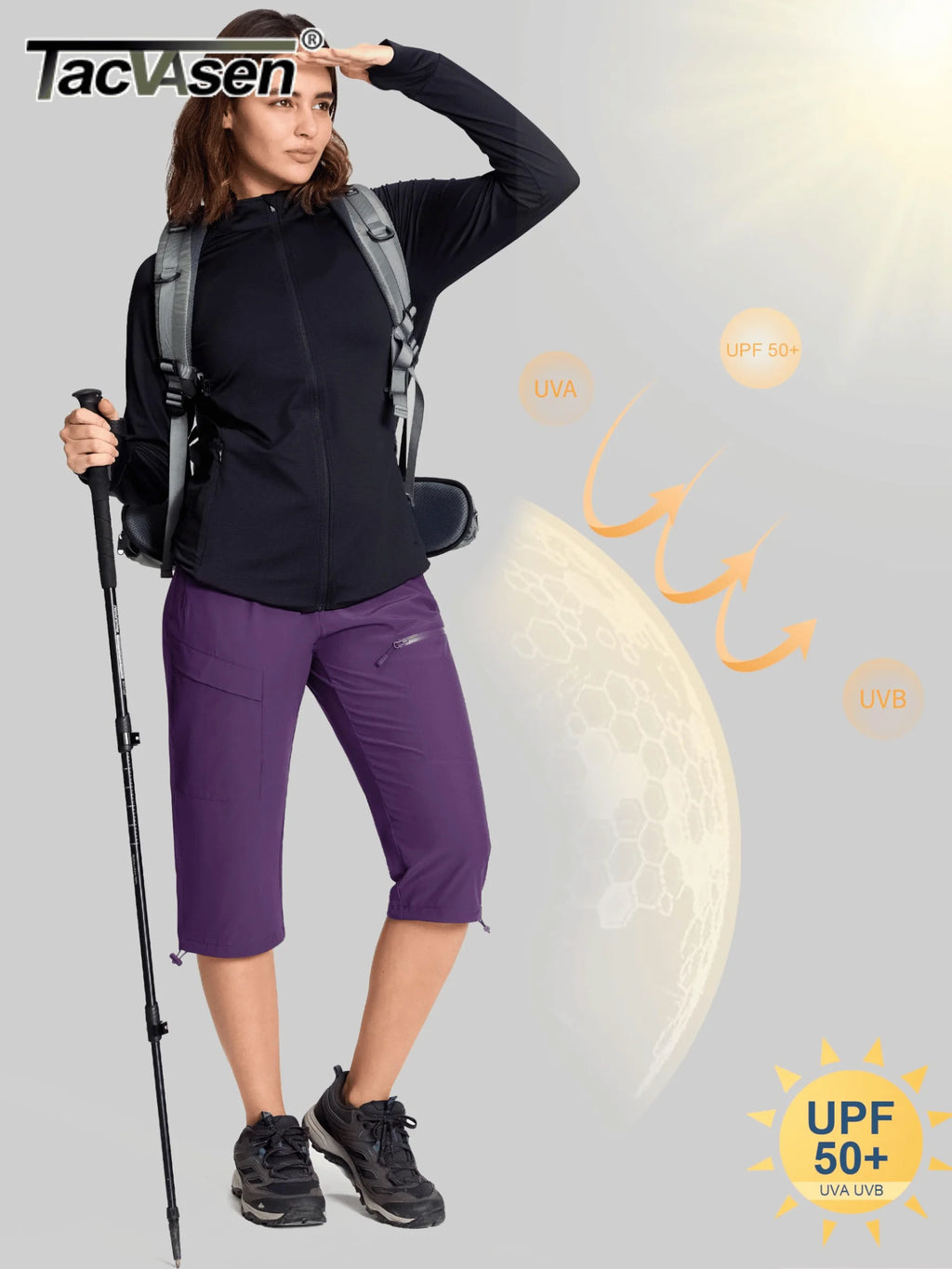 TACVASEN UPF50+ Quick Dry Capri Pants Womens Summer Hiking Cargo Pants 5 Pockets Waterproof Sun UV Protection Knee Length Shorts