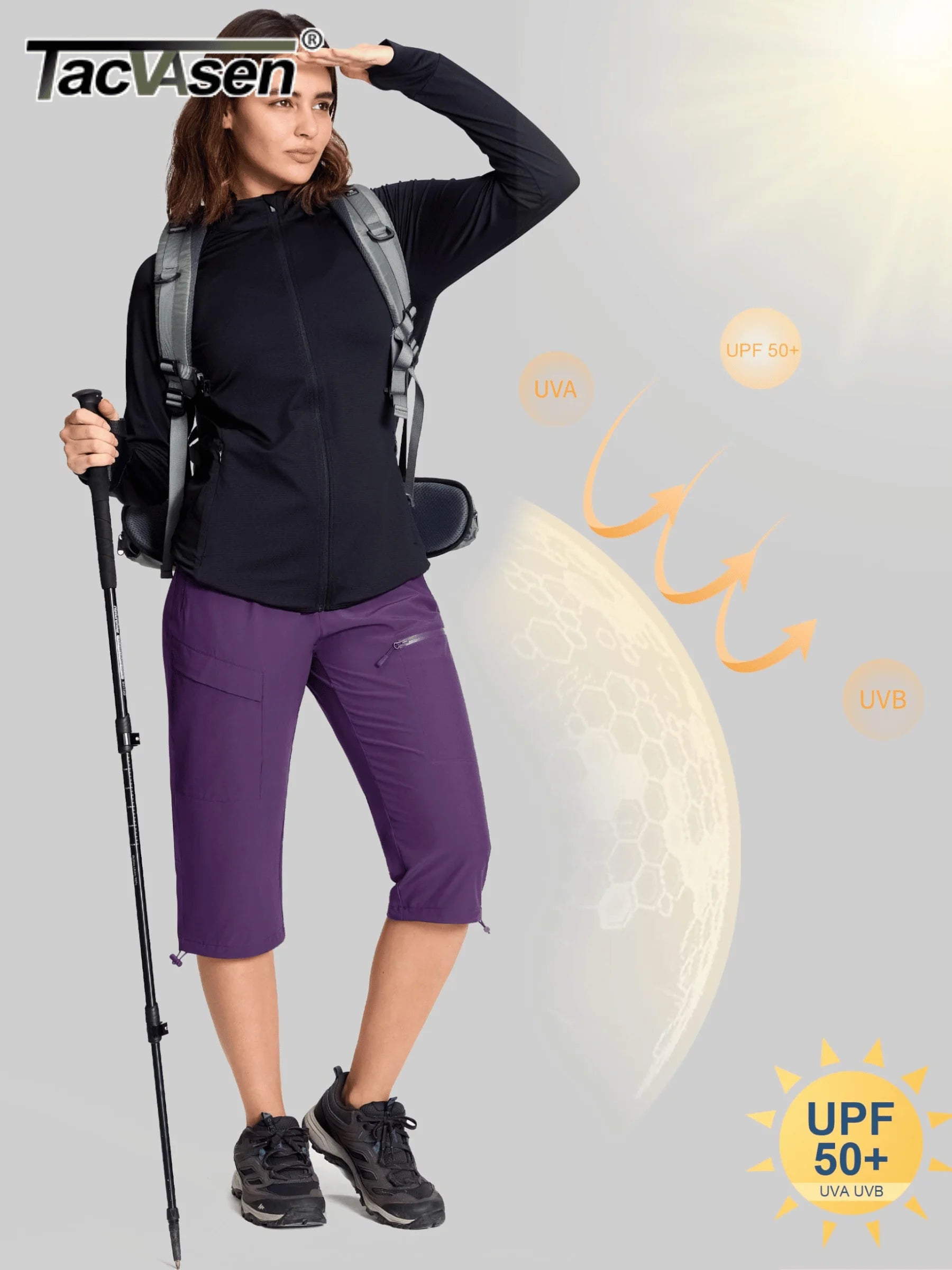 TACVASEN UPF50+ Quick Dry Capri Pants Womens Summer Hiking Cargo Pants 5 Pockets Waterproof Sun UV Protection Knee Length Shorts