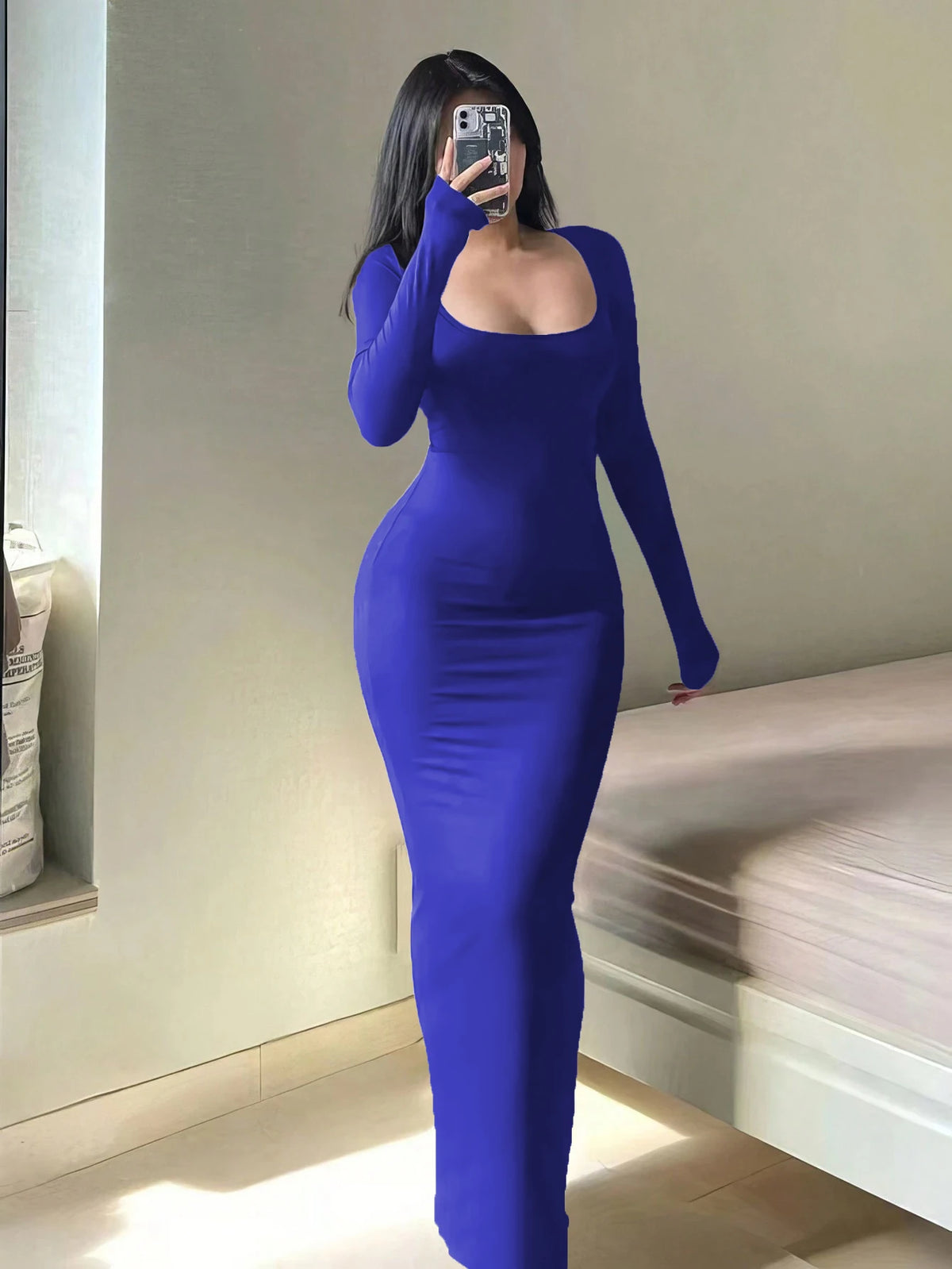 Scoop-Neck Long-Sleeve Maxi Dress