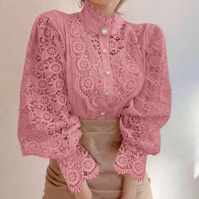 Lace High-Neck Long-Sleeve Blouse