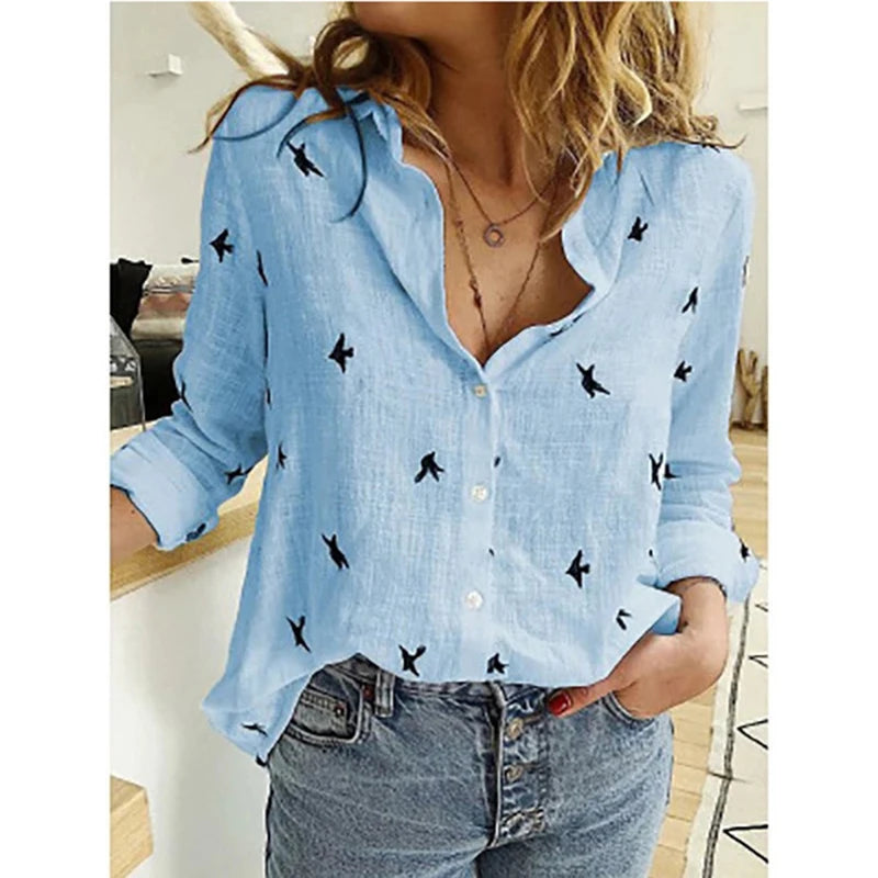 Cotton-Linen Button-Up Long-Sleeve Blouse
