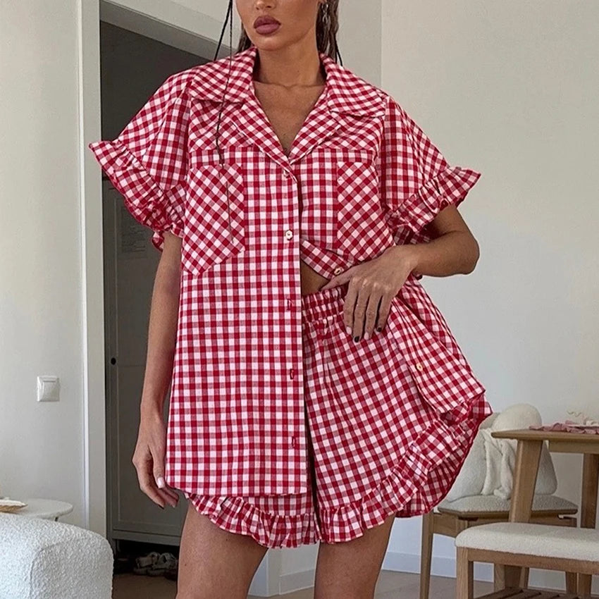 Plaid Shirt & High-Waist Shorts Set