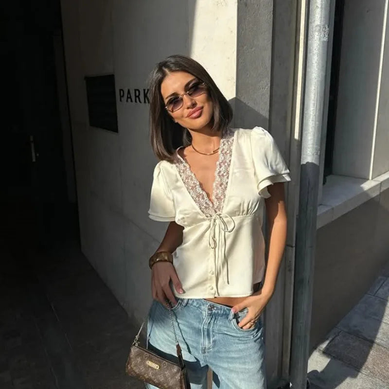 Satin Lace V-Neck Top