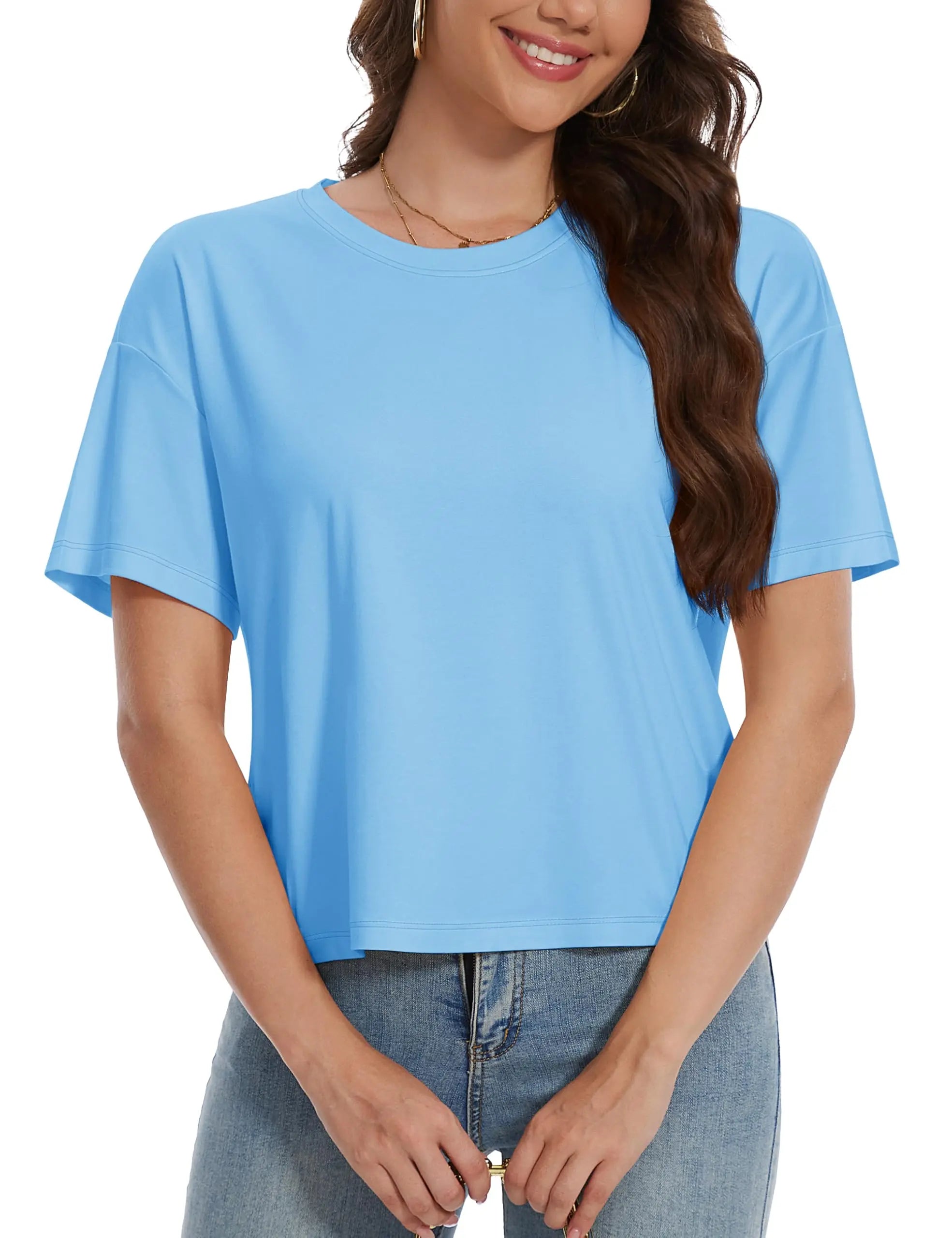 TACVASEN UPF 50+ Cropped Cotton T-Shirts Womens Summer Short Sleeve Casual Crew Neck Tops Breathable Sun UV Block Outdoor Tees