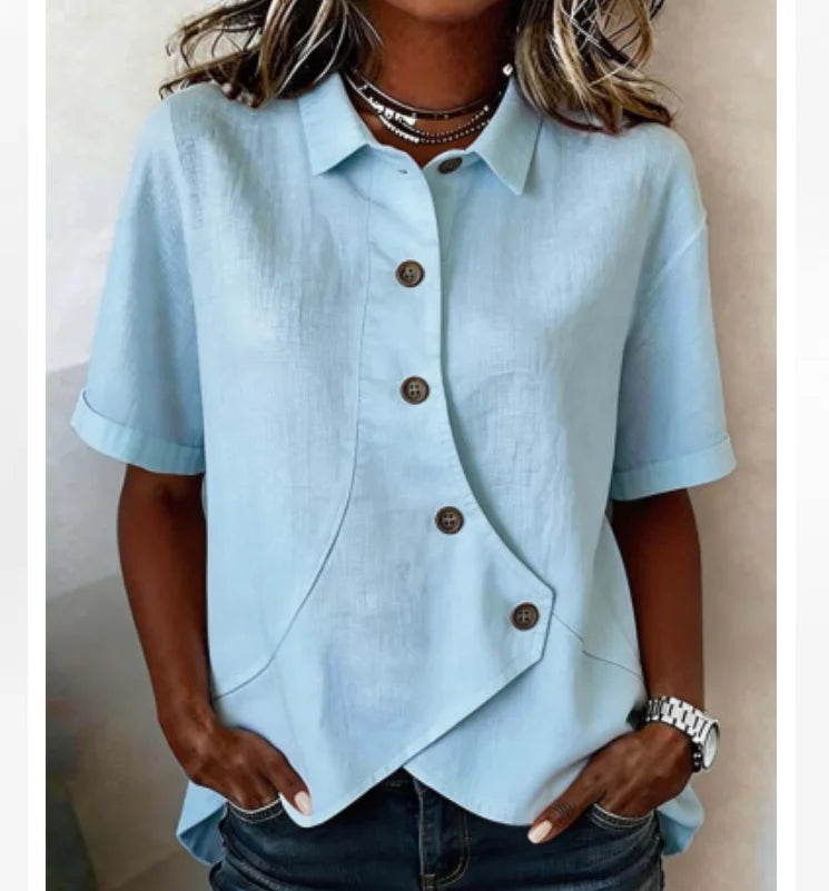 Button-Up Short-Sleeve Asymmetric Blouse