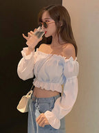 Ruffle Off-Shoulder Puff-Sleeve Crop Top