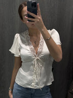 Printed Lace V-Neck Crop T-Shirt