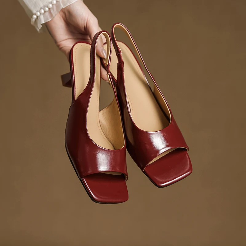 Leather Square-Toe Slingback Heels