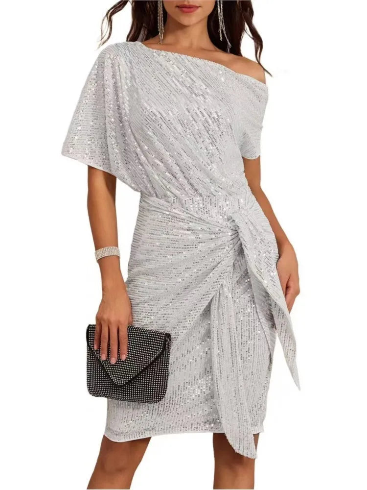 Sequin Off-Shoulder Ruched Mini Dress