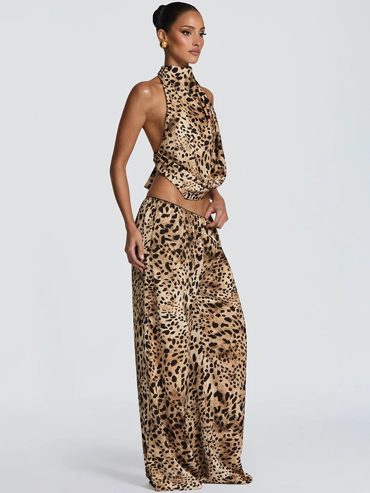 Leopard Halter Top & Wide-Leg Pants Set