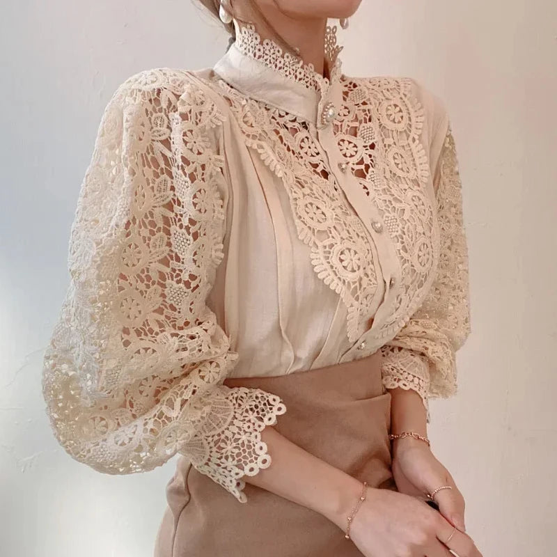 Lace High-Neck Long-Sleeve Blouse