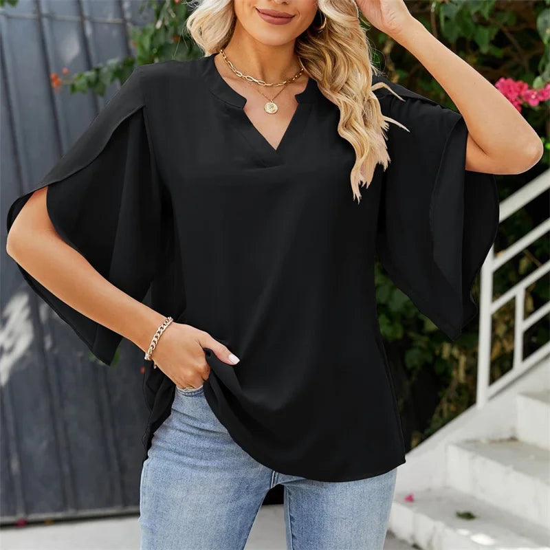 Chiffon V-Neck Flare-Sleeve Blouse