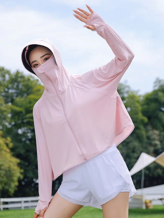 Summer Women's Sun Protective Clothing Breathable Traveling Brim Ponytail Hole Sun Hoodie Detachable Shopping Long-Sleeved Shirt
