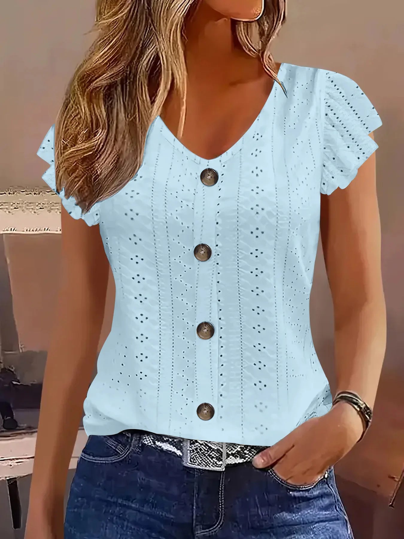 Ruffle V-Neck T-Shirt
