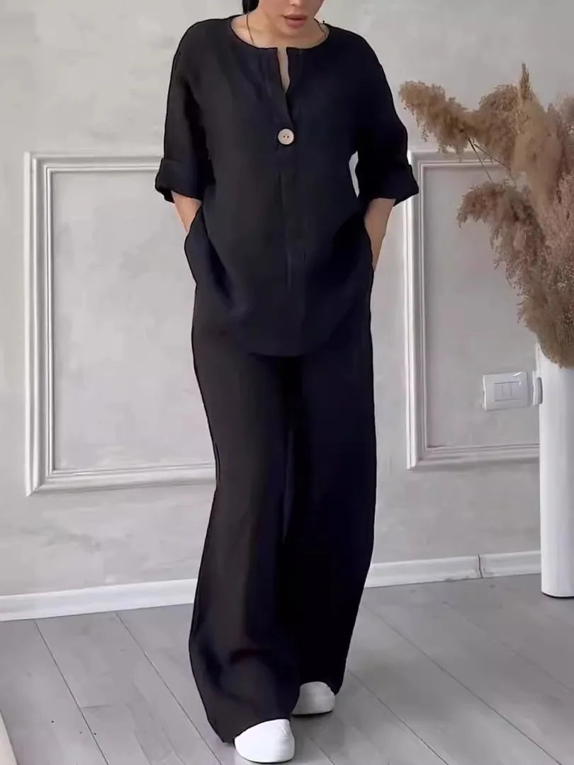 Cotton-Linen Shirt & Wide-Leg Pants Set