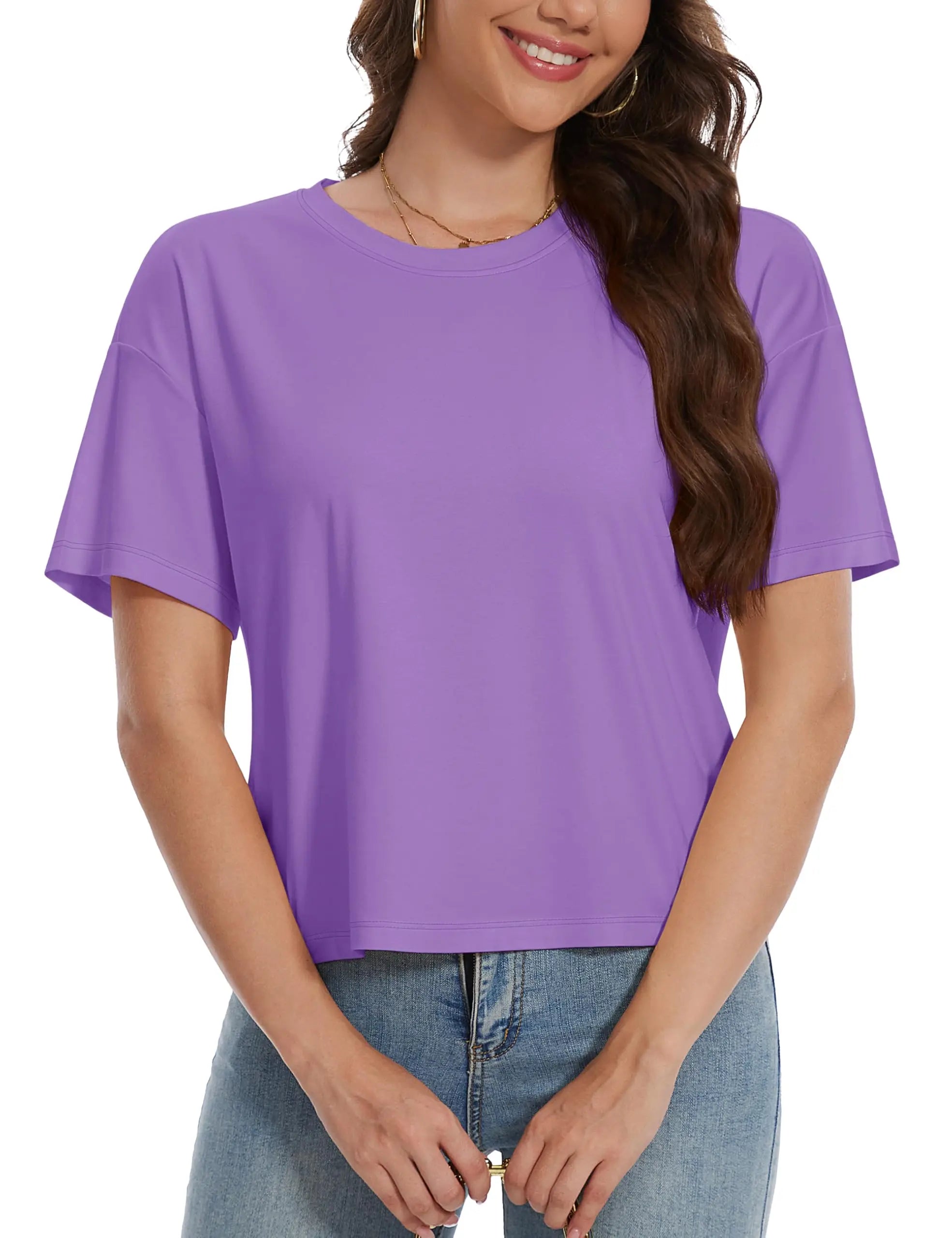 TACVASEN UPF 50+ Cropped Cotton T-Shirts Womens Summer Short Sleeve Casual Crew Neck Tops Breathable Sun UV Block Outdoor Tees