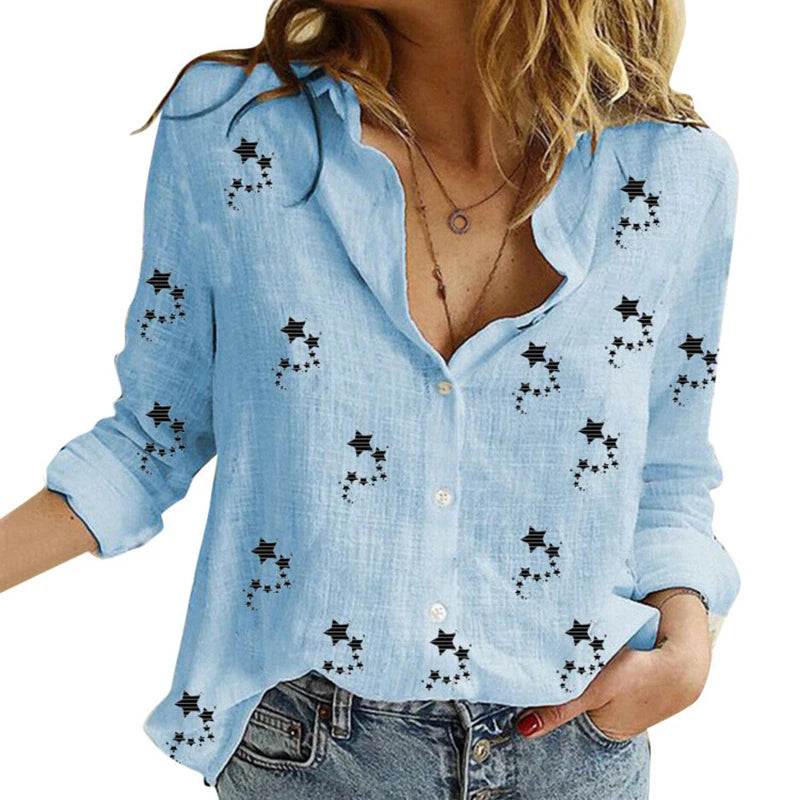 Cotton-Linen Button-Up Long-Sleeve Blouse