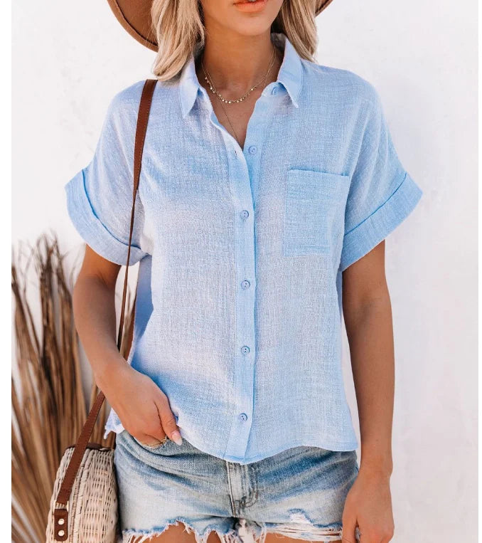 Cotton-Linen Button-Up Short-Sleeve Blouse