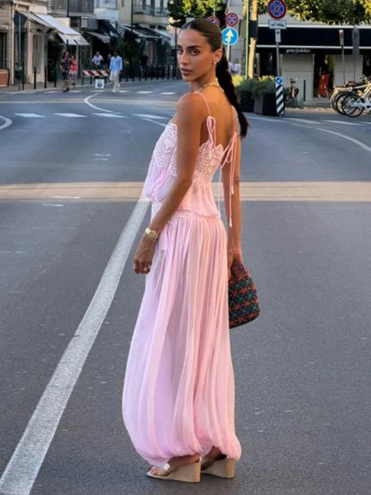 Lace Crop Cami & Wide-Leg Pants Set