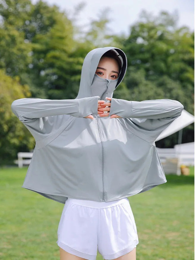 Summer Women's Sun Protective Clothing Breathable Traveling Brim Ponytail Hole Sun Hoodie Detachable Shopping Long-Sleeved Shirt