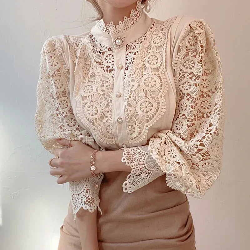 Lace High-Neck Long-Sleeve Blouse