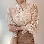 Lace High-Neck Long-Sleeve Blouse