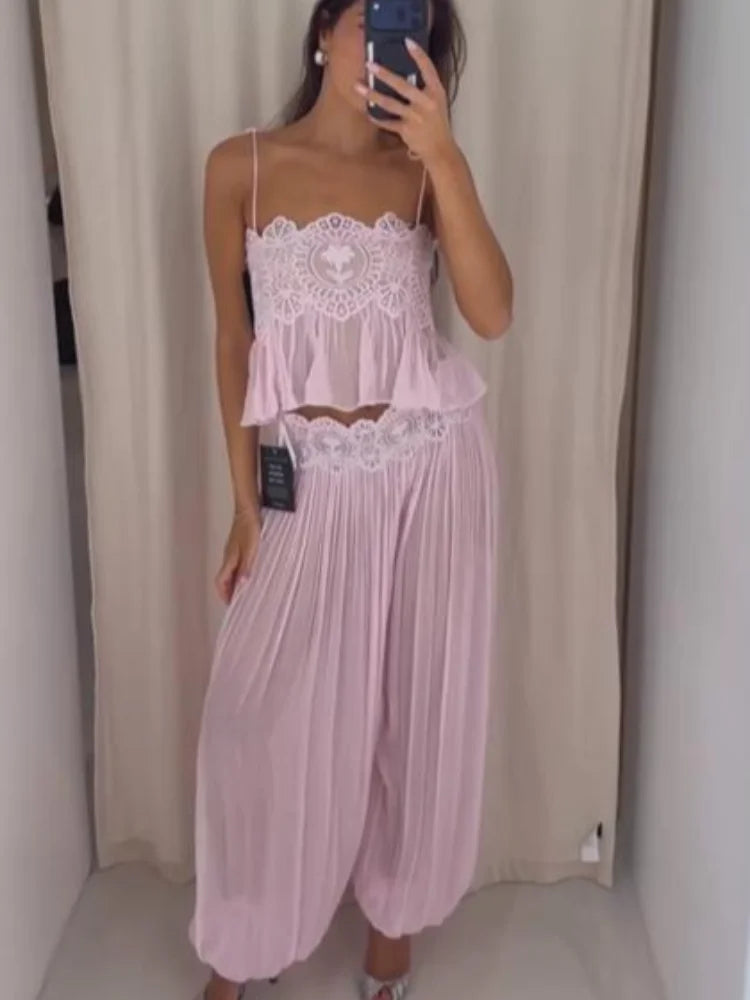 Lace Crop Cami & Wide-Leg Pants Set