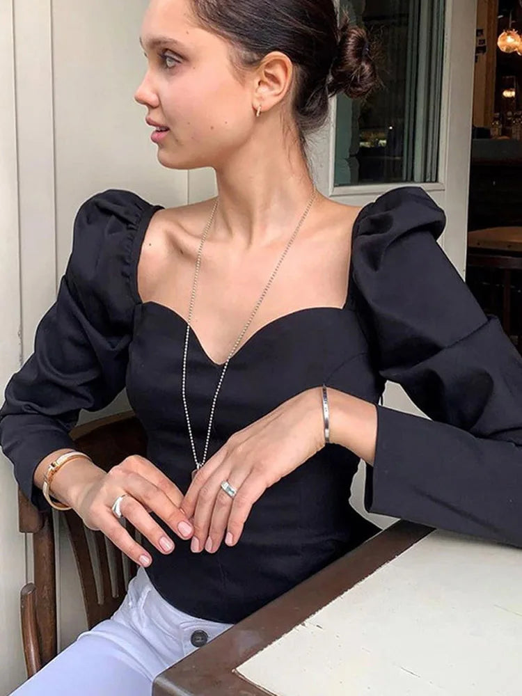 V-Neck Puff-Sleeve Slim-Fit Blouse