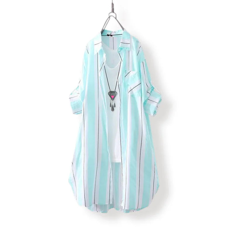 Chiffon sun protection shirt women's long-sleeved fashion top large size loose hip-covering striped long shirt