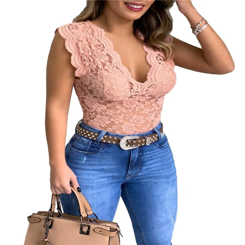 Lace V-Neck Sleeveless Blouse