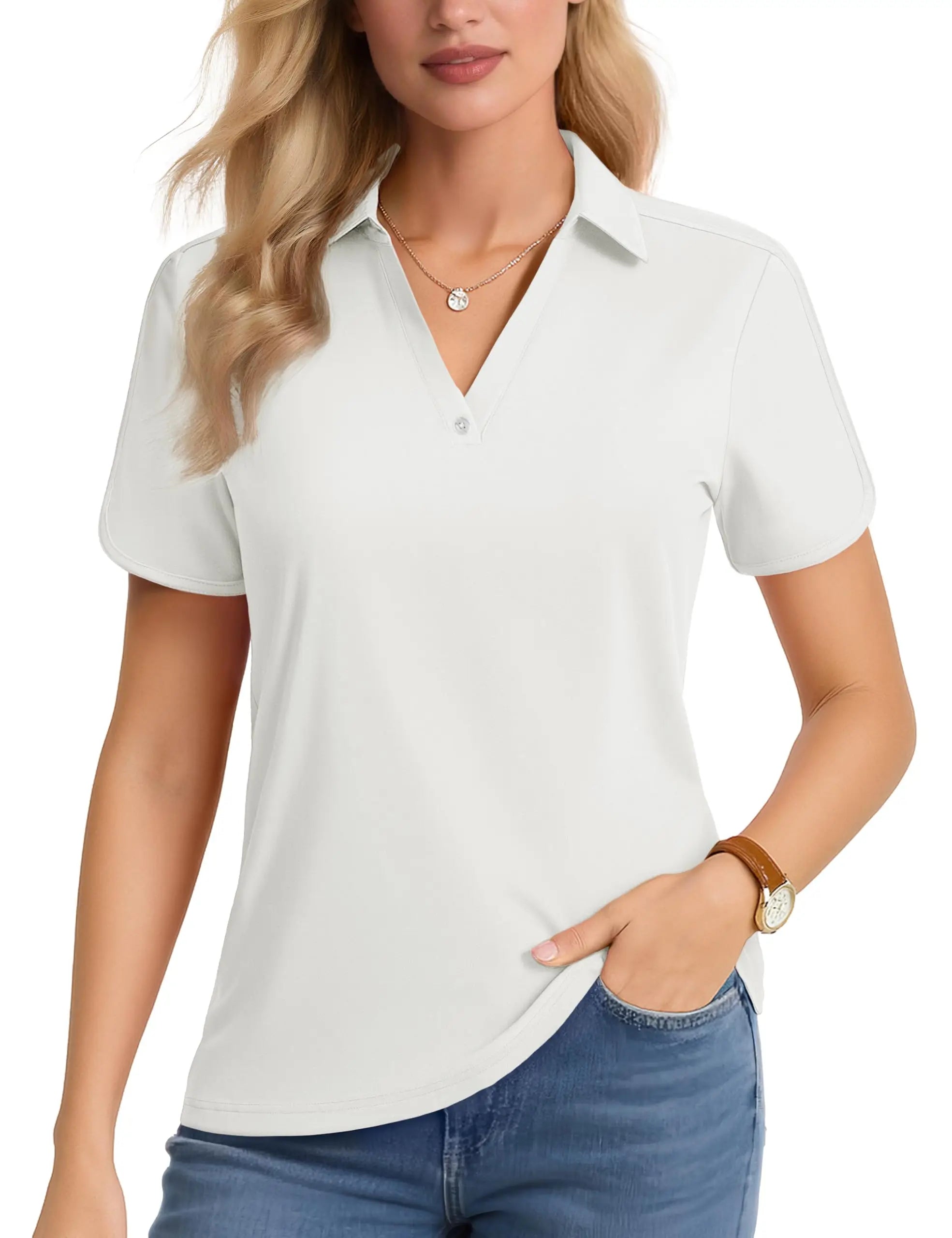 TACVASEN Women's 1-Button Golf Polo Shirts V Neck Short Sleeve Tennis Tops Moisture Wicking Quick Dry Athletic Collared Shirt
