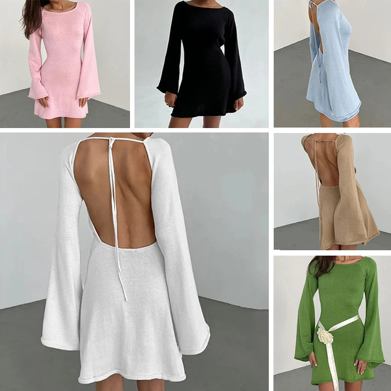 Bell-Sleeve Backless Knit Cover-Up