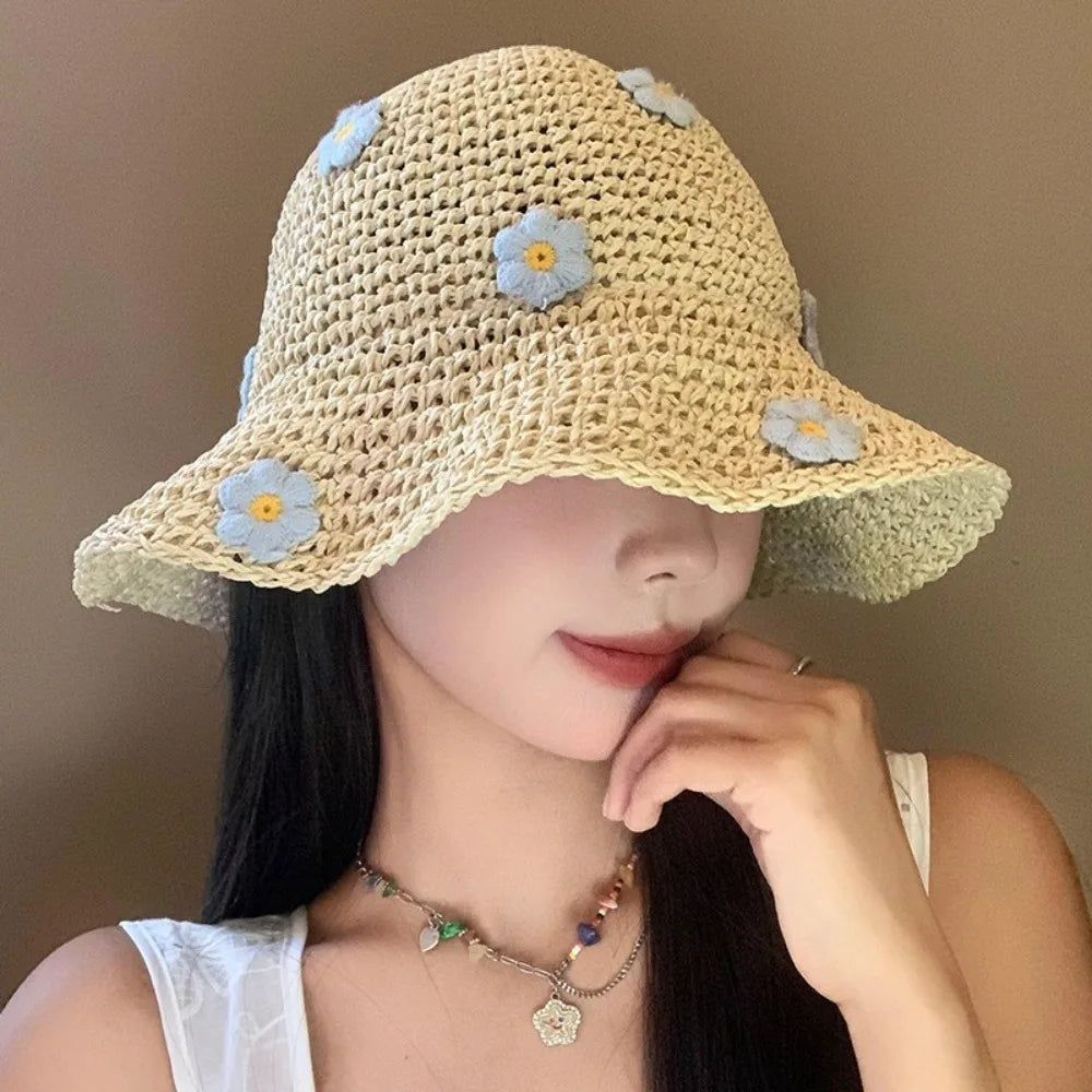 Floral Foldable Straw Bucket Hat