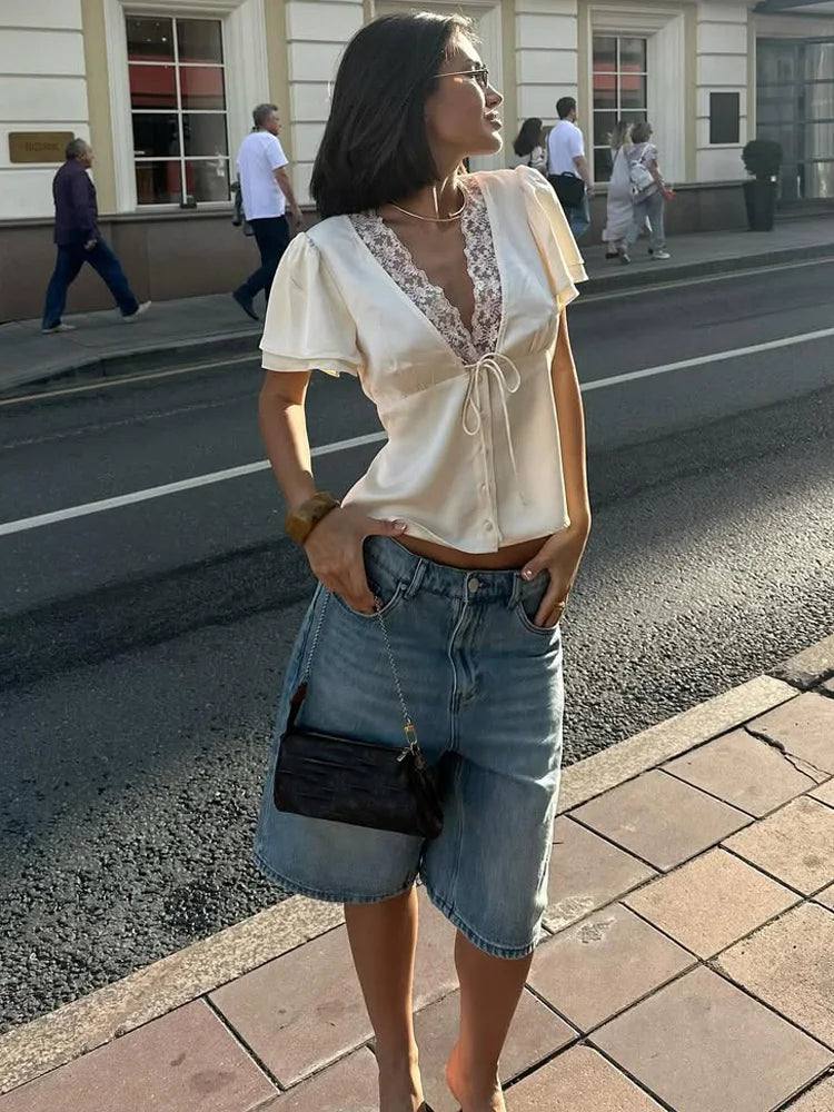 Printed Lace V-Neck Crop T-Shirt
