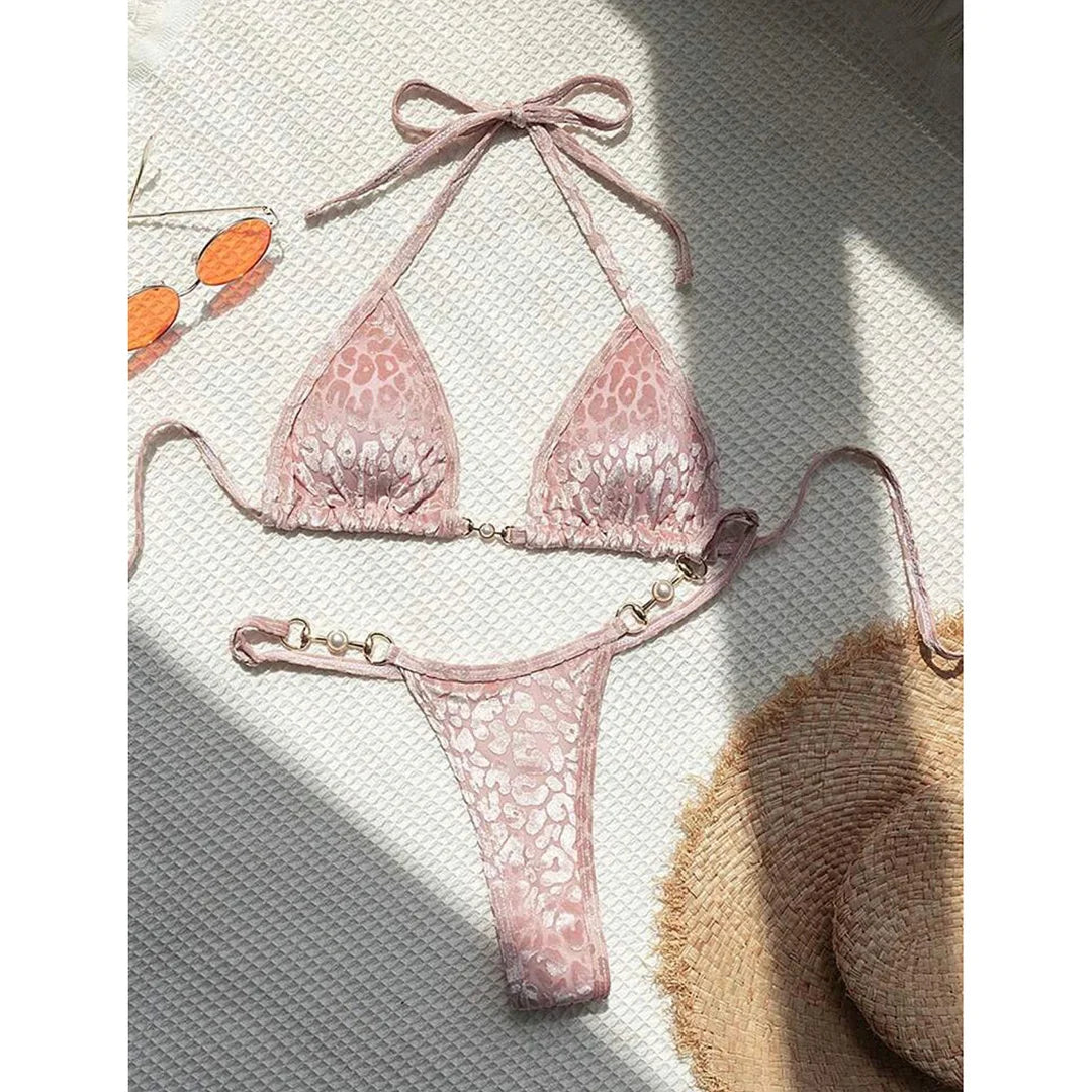 Leopard Pearl Thong Bikini