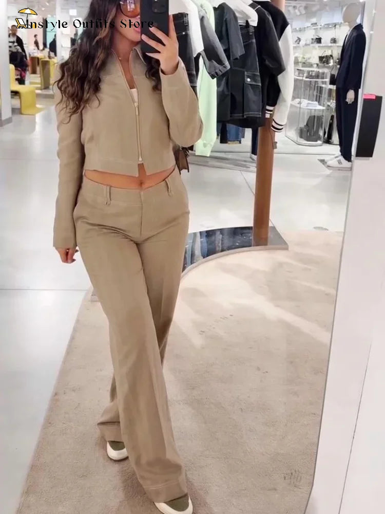Zip-Collar Crop Top & Straight Pants Set