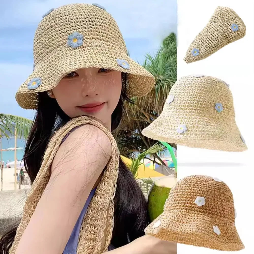 Floral Foldable Straw Bucket Hat