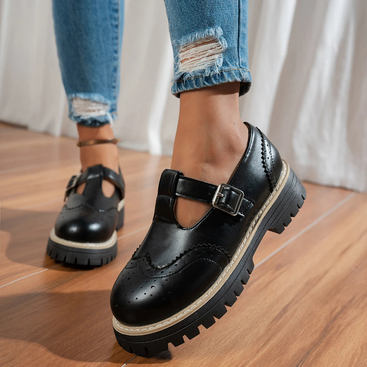 Aurelia Sun T-Bar Brogue Platform Flats – Brown