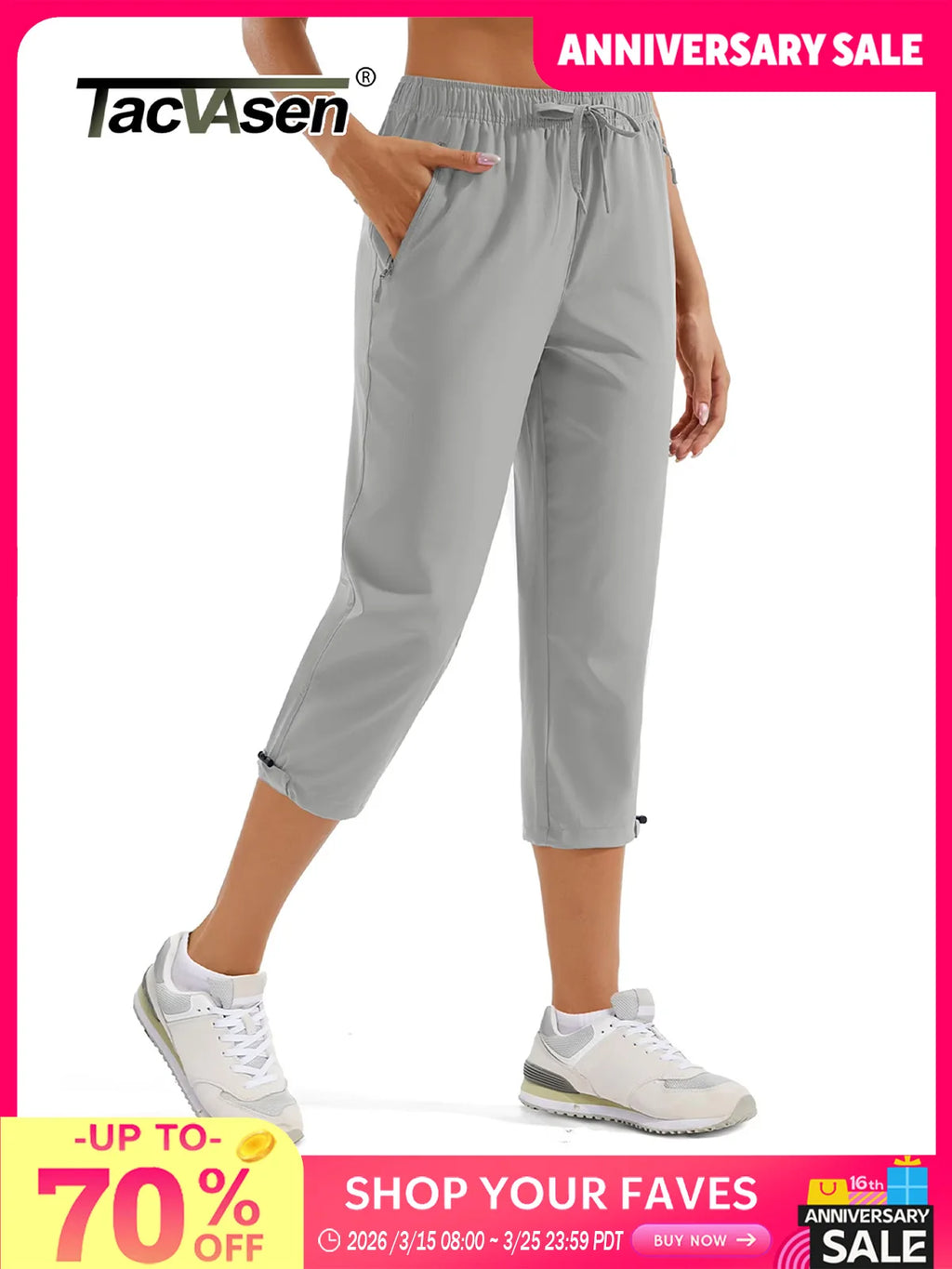 TACVASEN Women's Hiking Capris Pants UPF 50+ Lightweight Quick Dry Workout Travel Summer Casual Drawstring Pants Zipper Pockets