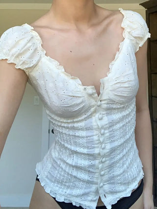 Lace Corset-Seam Button-Up T-Shirt