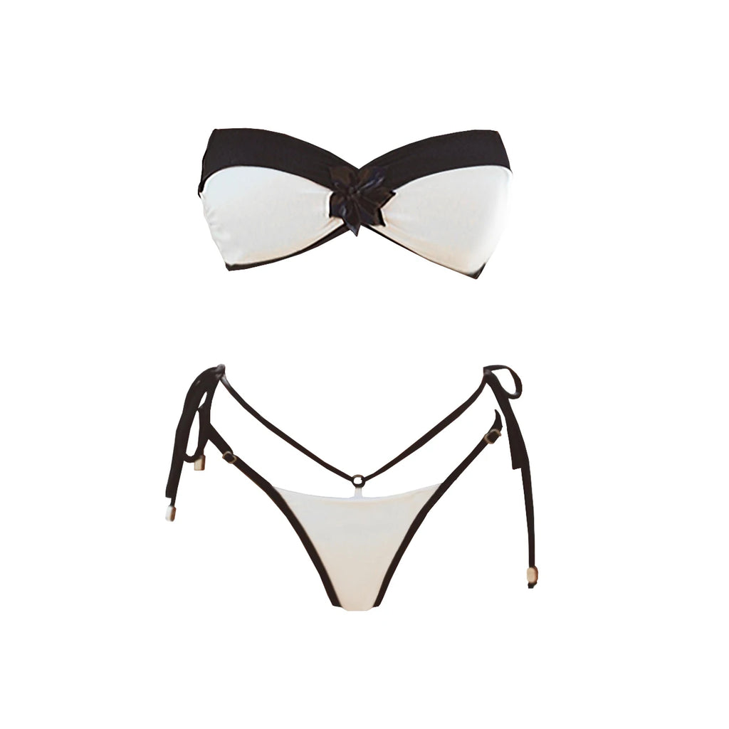 Floral Mesh-Skirt Bandeau Bikini Set
